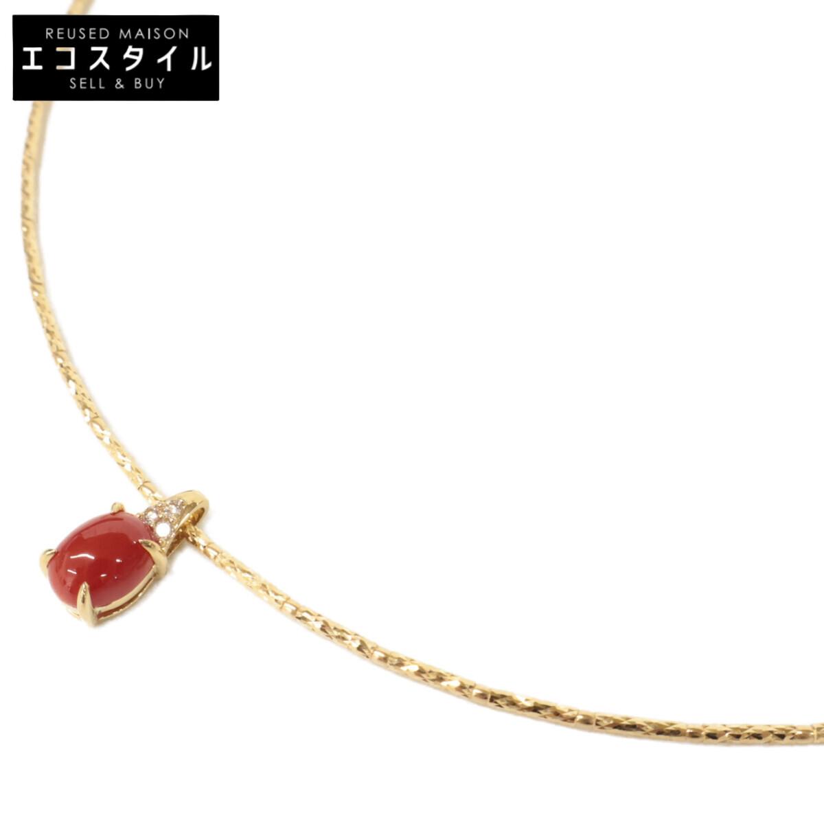 

K18 Excellent condition [GSTV] Blood-red coral 1.00ct/0.03 melee diamond top Omega Necklace Yellow GoldUsed