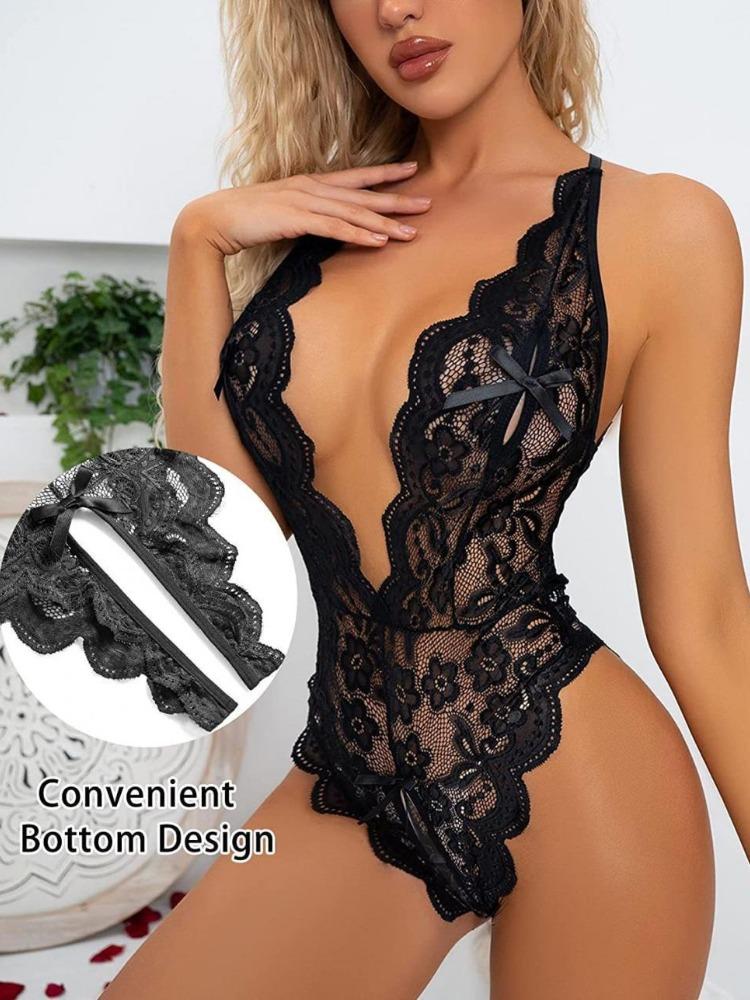 Pajamas Clothing Sexy Women's Open Deep V Lingerie Sets Lace Sheer Bodysuits Sex Crotchless Hollowed Out Babydoll Dresses Tights