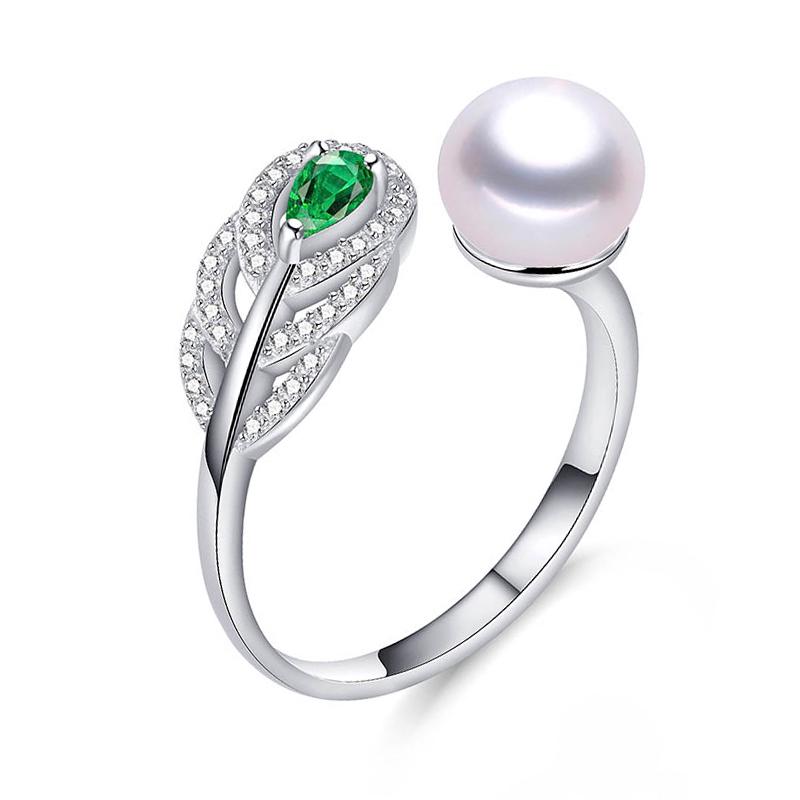 Fenasy Natural Freshwater Pearl Rings For Women Dainty Bohemia Green Crystal Feather Adjustable Ring