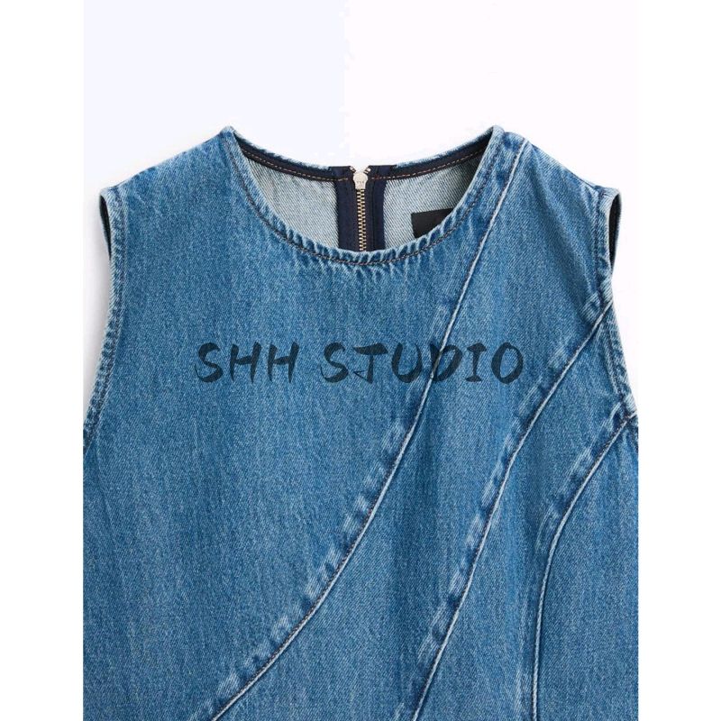 MD Fall Women's Clothing Casual Minimalist Stylish Seam Mid Length Long Length Sleeveless Denim Dress 6640800
