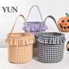 Easter Egg Hunt Carriers Halloween Basket, Plaid Ruffle Trick or Treat Candy Bucket with Handle Cloth Gift Bags for Birthdays Kids, Reusable
