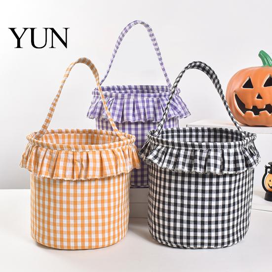 Easter Egg Hunt Carriers Halloween Basket, Plaid Ruffle Trick or Treat Candy Bucket with Handle Cloth Gift Bags for Birthdays Kids, Reusable