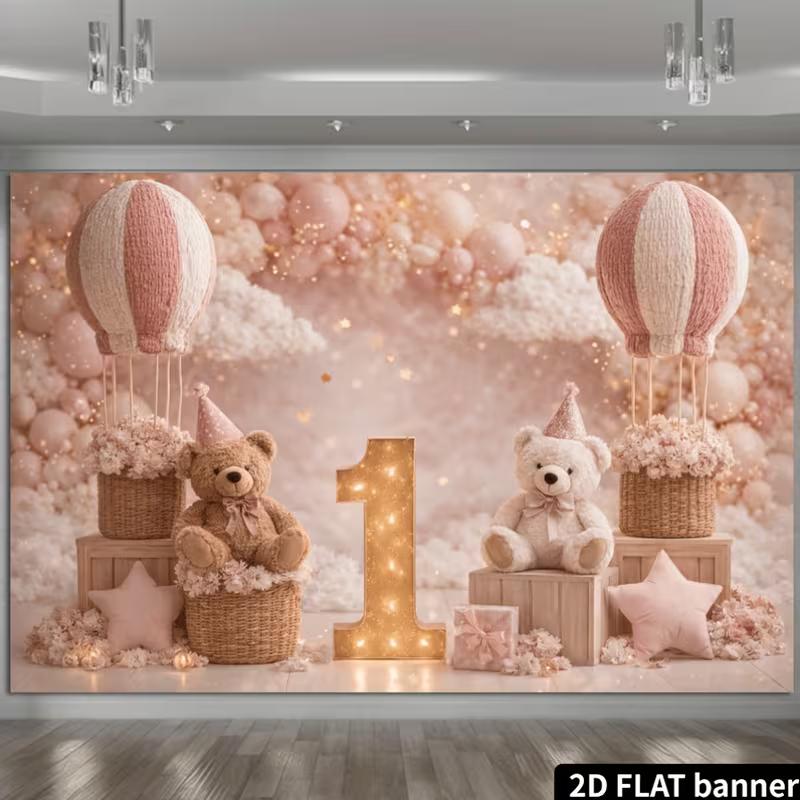2D Pink Bear & Hot Air Balloon Backdrop, 1st Birthday Photography Background for Baby Shower