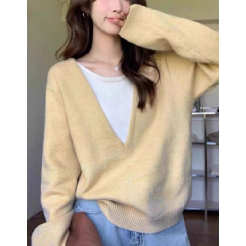 

Autumn and winter new fake two-piece knitted sweater women s design sense loose inside backing sweater chic top average size