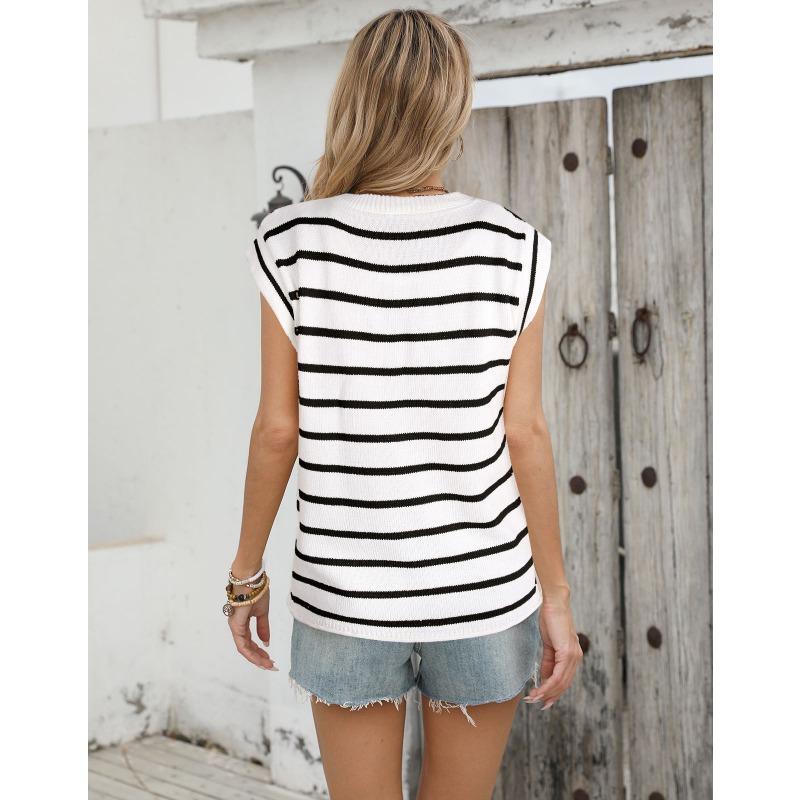 Podzim/zima Dámský pulovr s kulatým výstřihem Pletený Volný Pruhovaný Svetr s krátkým rukávem