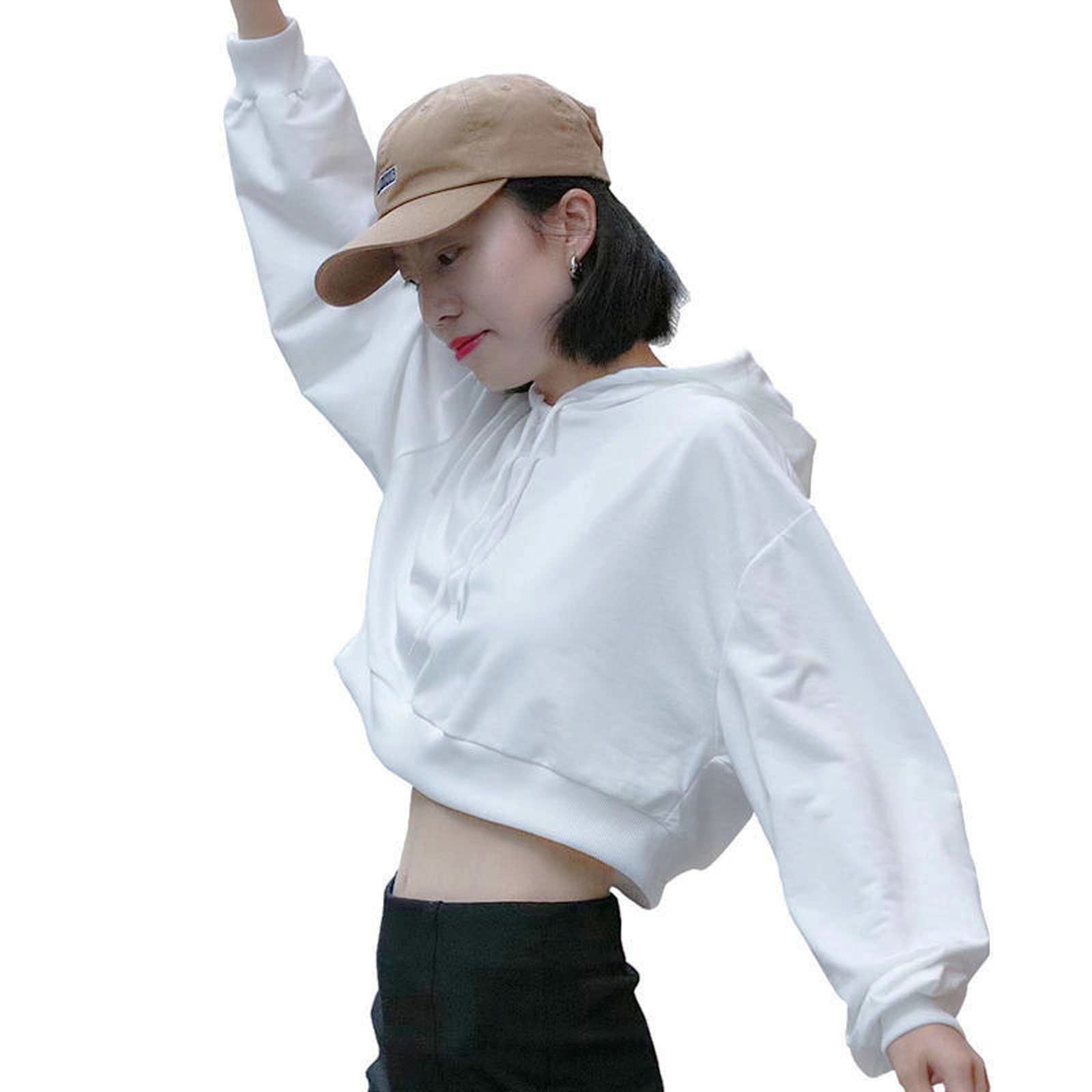 

DONLAONE Short Hoodie with Long Hip Hop Dance Solid Color Size Women s Sleeves, Lightweight, Midriff-Baring, Costume, Jazz, Cute, Spring/Autumn/Winter