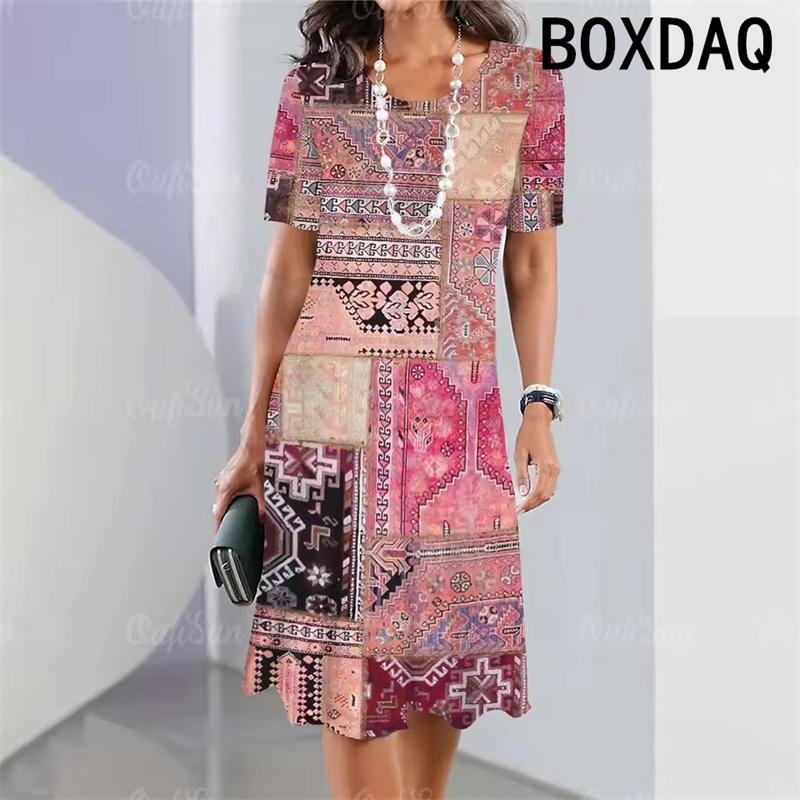 Summer Woman's Short Sleeves Dresses Geometric Pattern Print A-Line Dress 3D Retro Elegant Holiday Loose Dress Big Size Vestidos