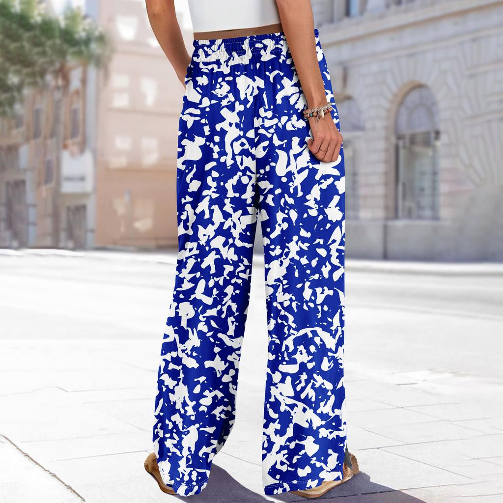 Women Summer Boho Palazzo Pants High Waist Wide Leg Floral Printing Casual Trousers With Pockets