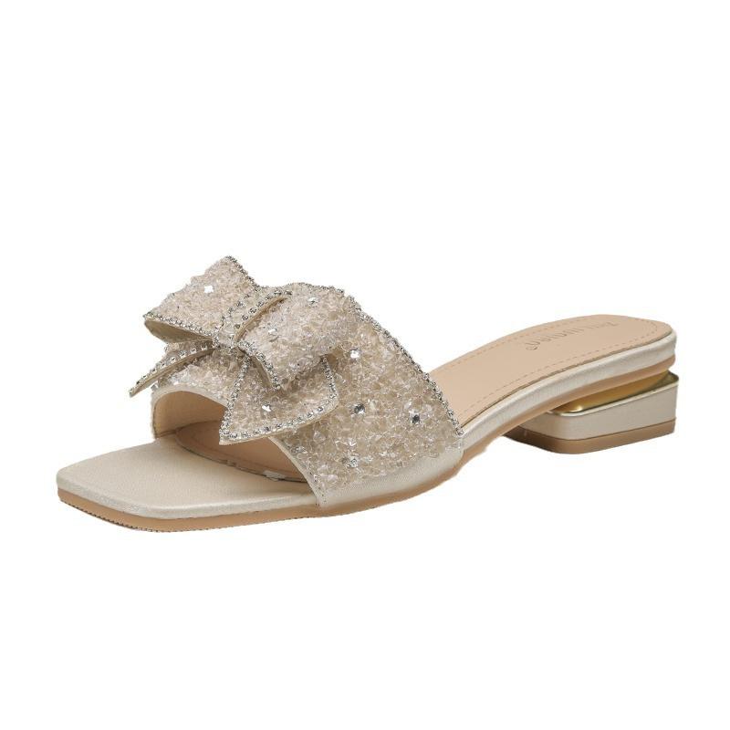 Coarse heel non-slip slippers female summer 2025 new fairy wind diamonds with skirt wear beach slippers
