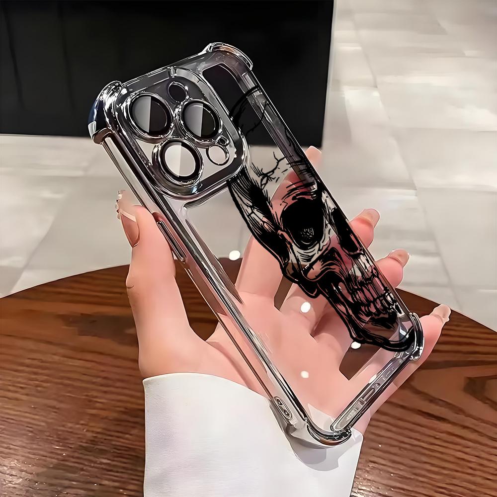 Cool Black Skull Pattern Transparent Phone Case For iPhone 17 16 Pro Max 15 14 Plus 13 12 11 17 Air 16E Shockproof Soft Cover