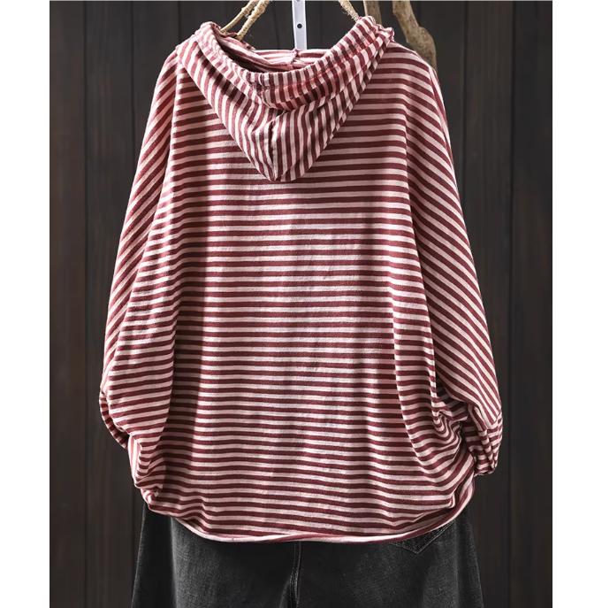 Damen Langarm Kapuzen-T-Shirts Frühling Schlichter Stil Vintage Gestreift Locker Weiblich Lässige Baumwoll-Tees
