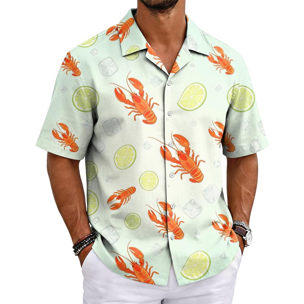 Men's Summer Lobster Festival Basic Cuban Collar Shirt Short Sleeve Button Down Casual Hawaiian Shirt with Tropical Leaf and Fruit Print