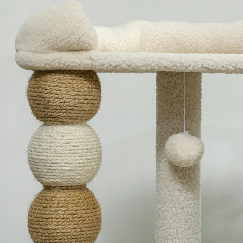 Cat Tower with Bed, Platform and Toy Ball, Made of Wood, Plush and Jute, 48.5x40x76 cm, Beige