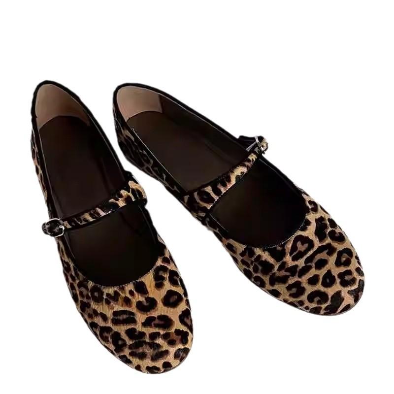 Autumn and Winter Leopard Print Mary Jane Single Shoes Women's Niche Thick Heel Ballet Shoes One-word Buckle Flat Bottom Shallow Mouth Ladyshoes