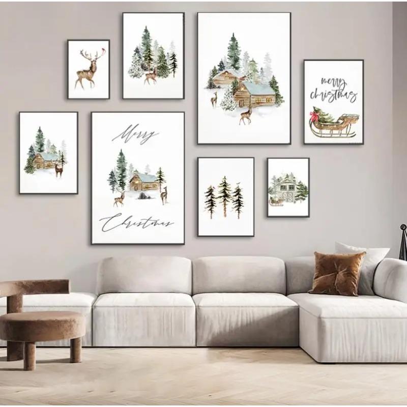 Simple Modern Nordic Ice and Snow World Watercolor Elk Christmas Art Decor Picture Material