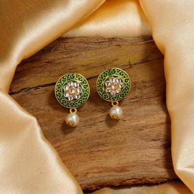 Damen vergoldete Meenakari Kundan Ohrringe mit Blumendruck und Perlen von