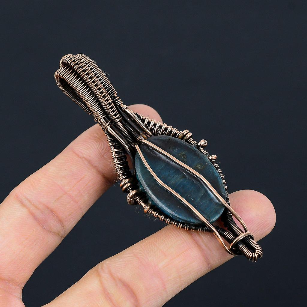 Neon Blue Apatite Gemstone Pendant 999 Copper Wire Wrapped Jewelry, Handmade Antique Pendant Jewelry, Gift For Mother
