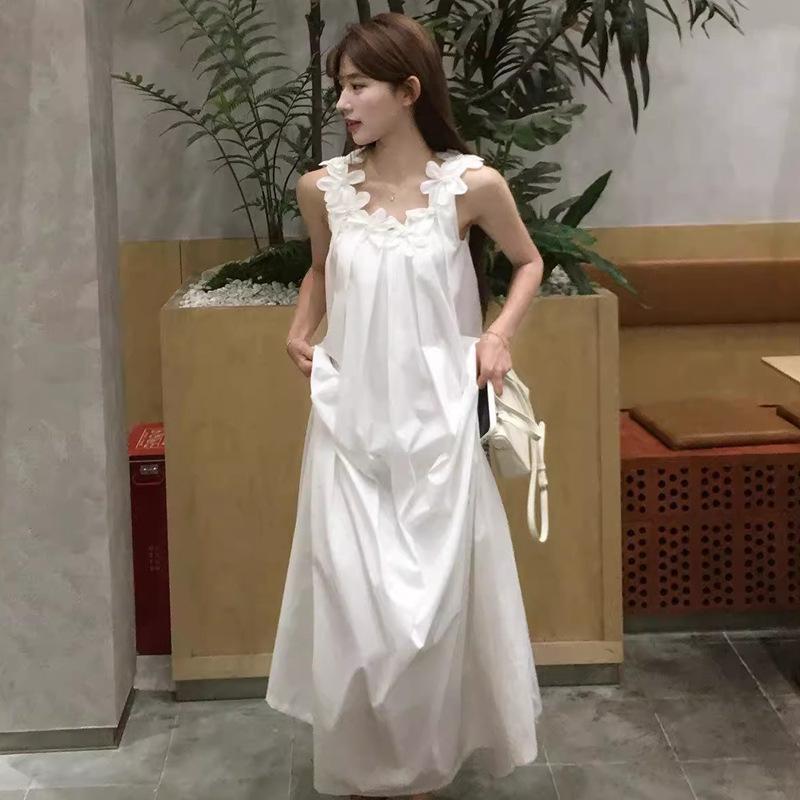French white sleeveless suspender dress summer new temperament flower seaside vacation wind beach dress