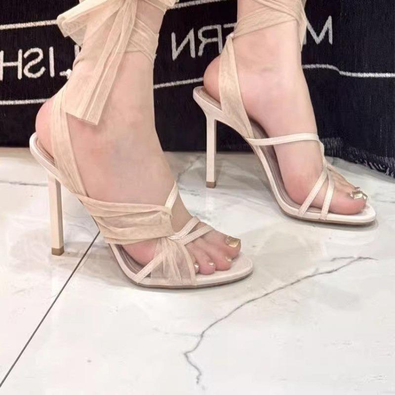 

Fashion Summer New Mesh Cross Strap One Line Buckle Roman Sandals Women s Fine Heels Open Toe Temperament High Heels 35