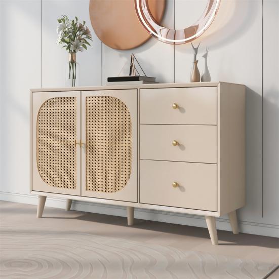 TV Desk Spacious Countertop with 3 Drawers 2 Doors Hutch Cabinet Ergonomic Handle Living Room Home Sideboard Dining Furniture Kitchen