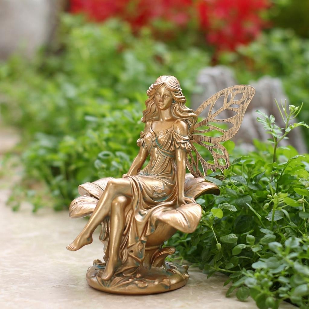 Resin Flower Fairy Statue Sitting On Flower For Spring Summer Outdoor Garden Decoration Yard Lawn Ornament
