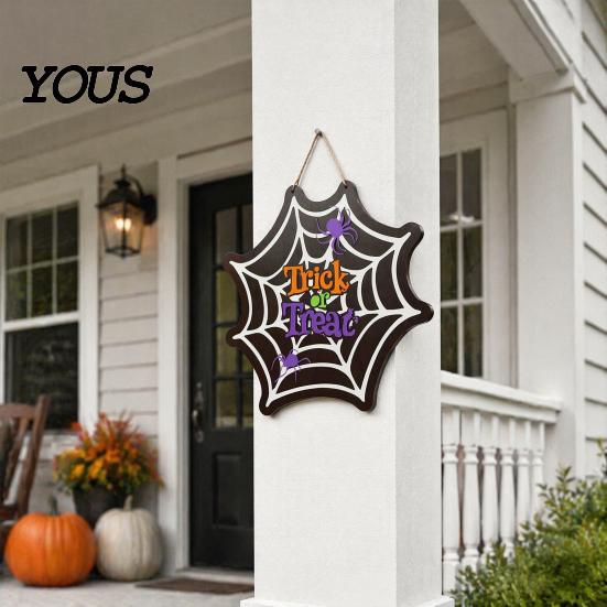 Halloween Door Hanging Sign Wooden Hanger Sign, Spider Web Trick Ornament for Porch or Treat Plaque, Rustic Farmhouse Entryway with Hemp Rope Boxwood