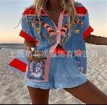 (Imitation Linen) Hot Sale Casual Holiday Shirt Set Beach 1D Printed Shirt Shorts Women's Set