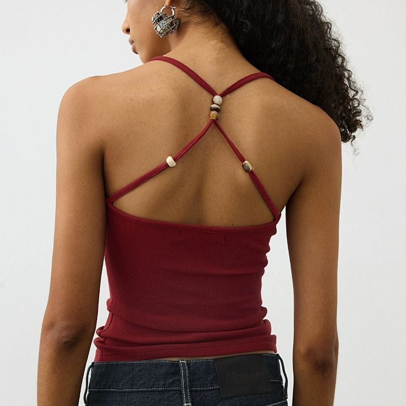 

European and American Large Backless Cross Halter Top Containing Chest Pad Sling Beauty Back Sports Underwear Women Yoga Bra Quick-Drying Elastic Burgundy L