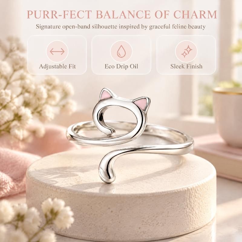 1Pcs Adjustable Cat Open Ring Drip Oil Cat Ear Design Smooth Polished Metal Ring Cute Animal Jewelry Gift For Women Party Decor