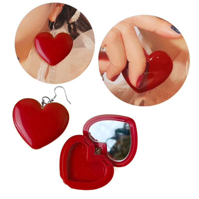 Minimalist Red Heart Earring with Mirror Pendant Hook Earring Jewelry Gift Acrylic Cosmetic Case Dangle Earring Women