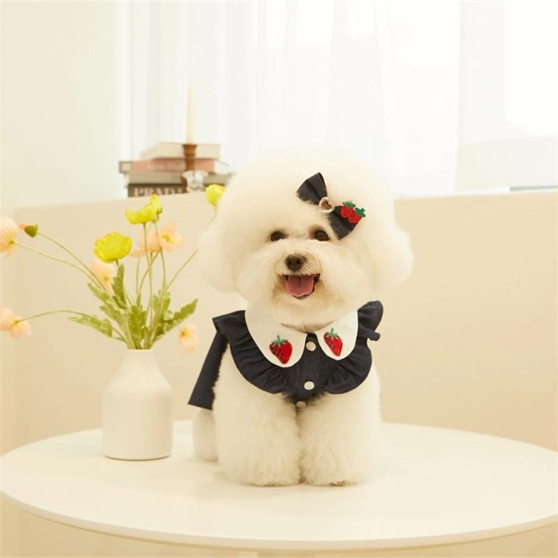Cute Dog Dress Strawberry Applique Flutter Sleeves Dress Soft Pet Clothes Puppy Dog Clothes Pomeranian Chihuahua Clothes
