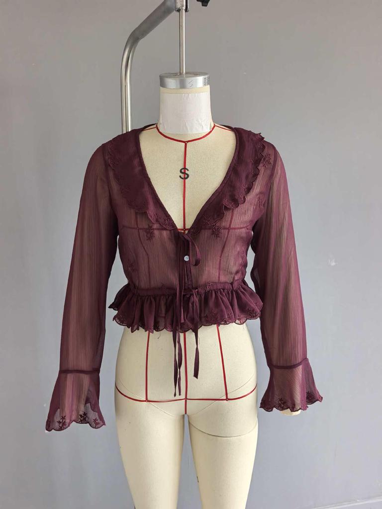 European & American Style Women's Chiffon Shirt with French Lace-up Waist, Embroidered Ruffles, and Long Sleeves