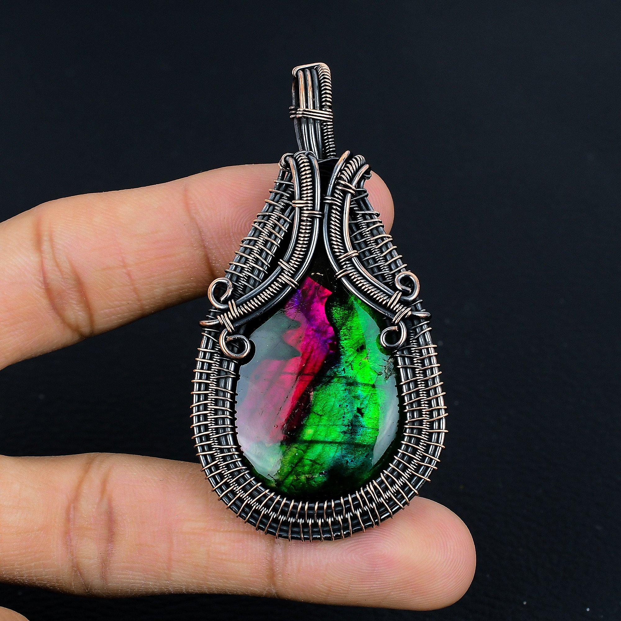 

Подвеска из двухцветного лабрадорита, драгоценный камень, украшения ручной работы, подвеска, оплетенная медной проволокой 999 пробы, ювелирный подарок для жены 2.55 Inches