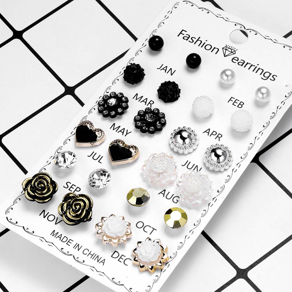 12 Pairs/Lot Acrylic Rhinestone Fashion Earrings Set For Women Flower Heart Stud Earring Girls Simple Geometric Earrings Jewelry