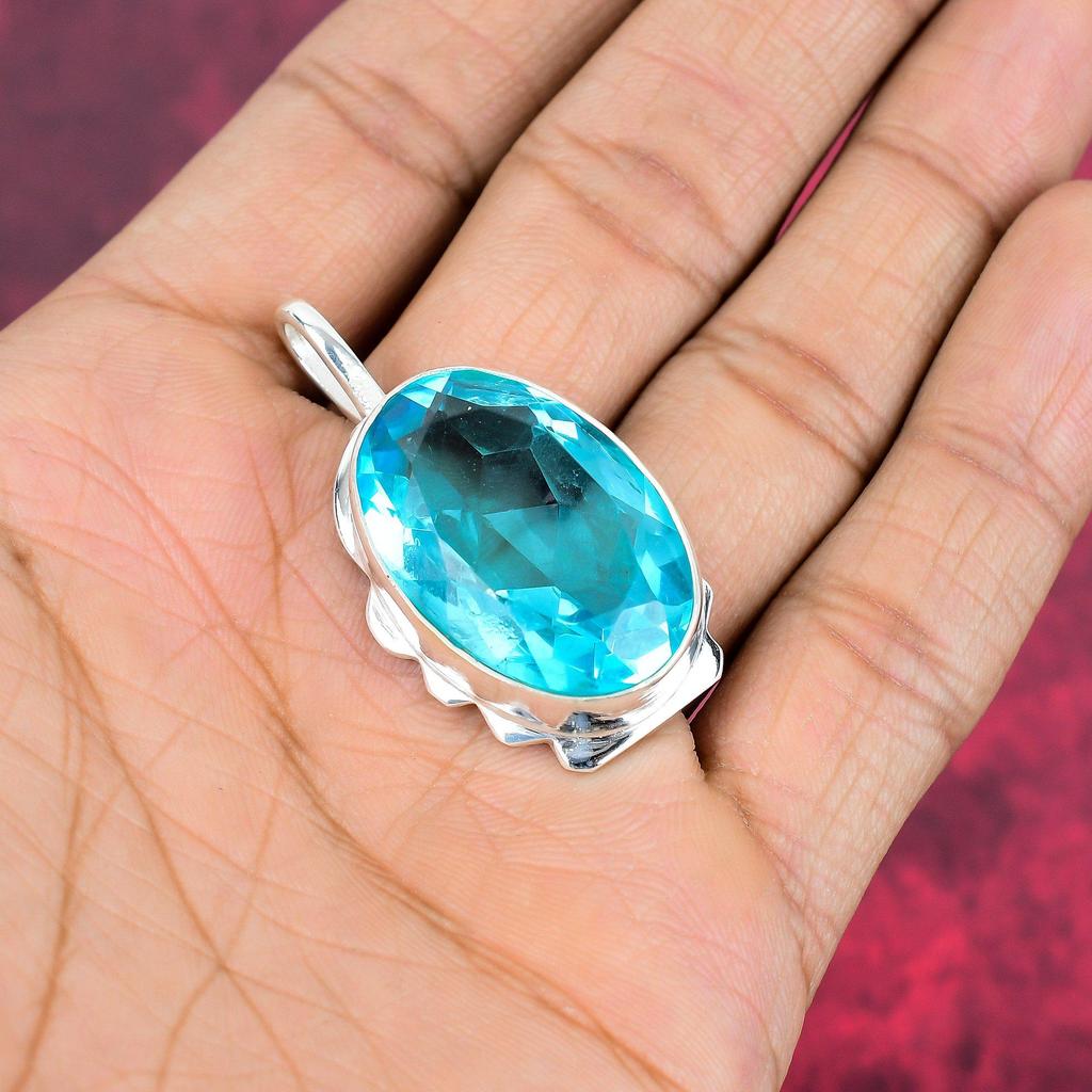 Blue Topaz 925 Solid Sterling Silver Pendant, Handmade Gemstone Pendant Jewelry, Gifts For Wife Brand New Pendant