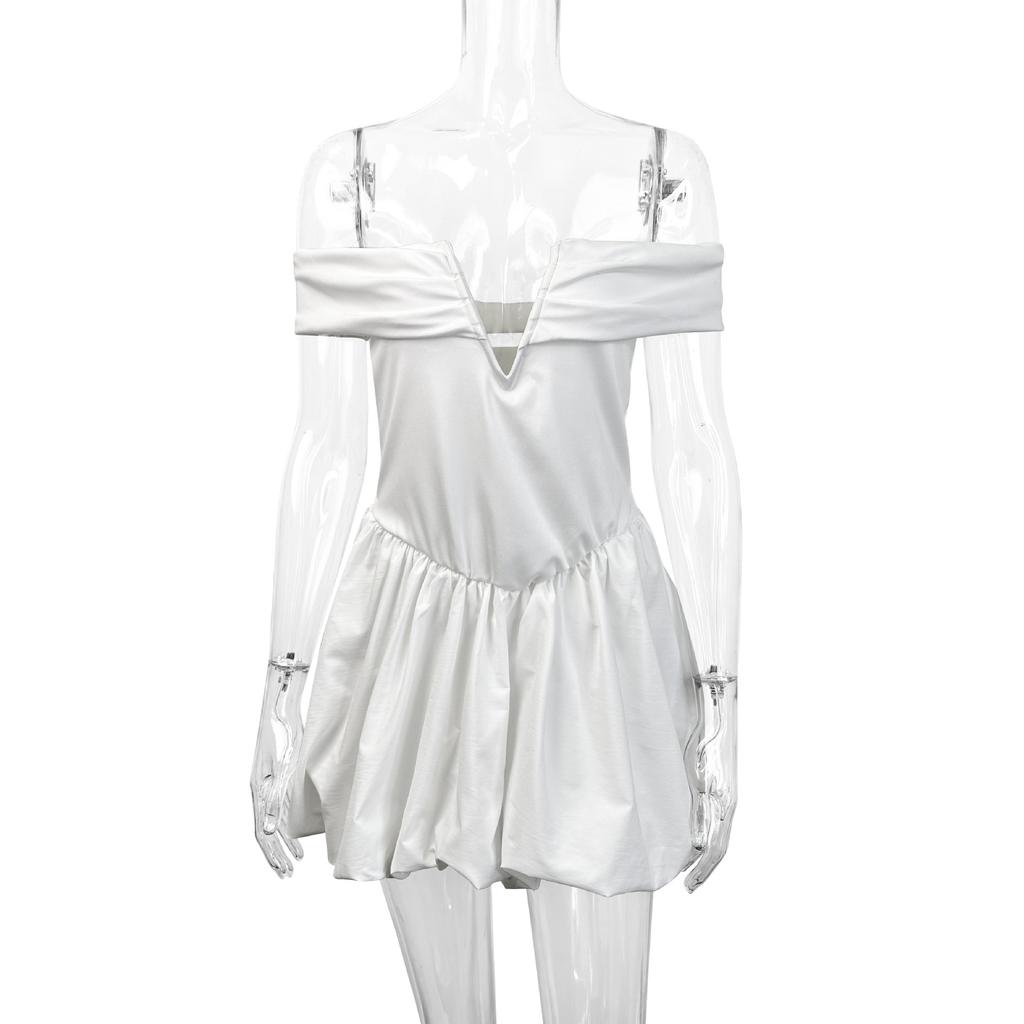 Europe and the United States Summer Hot-selling One-word Shoulder Deep V-neck Dress, New Pleated Shoulder Sleeves Sexy Backless Short Skirt