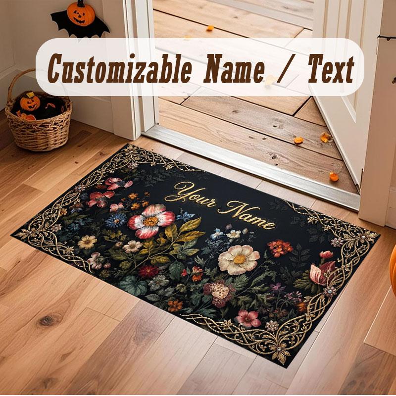 Floral Garden Theme Crystal Velvet Floor Rug Personalized Custom Name Text Warm Carpet Home Decoration