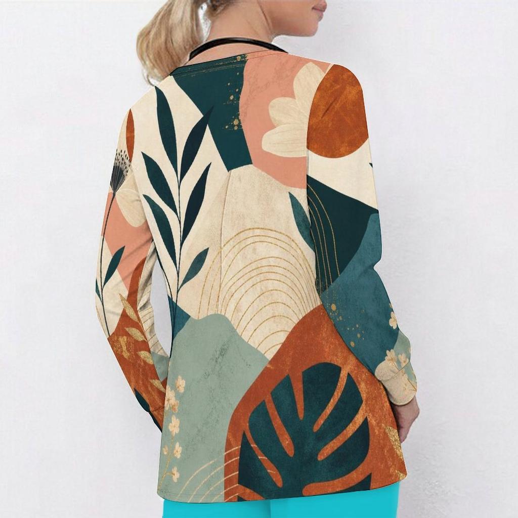 Women Plus Size Floral Leaf Print Scrub Top V Neck Long Sleeve With Front Pockets