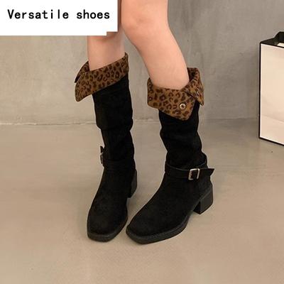 Leopard Women Suede Knee High Boots Brand High Heels Shoes Retro Fad Chelsea Western Boots Trend New Snow Pumps Botas Mujer
