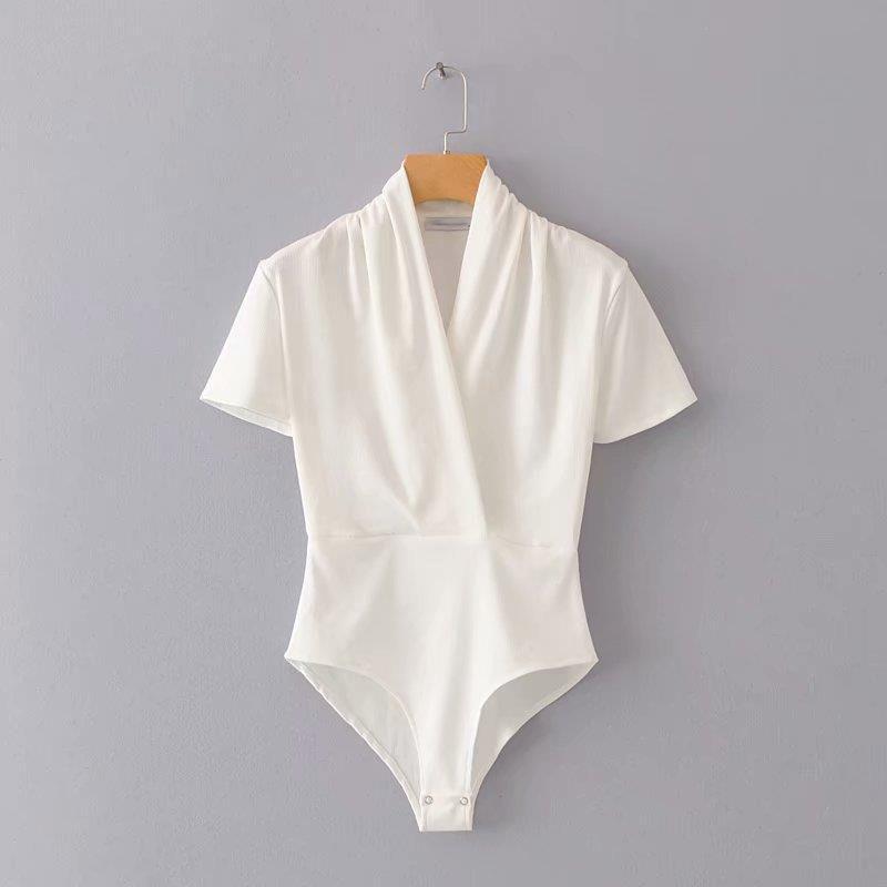 

Повседневный экспортный комбинезон-футболка с V-образным вырезом и коротким рукавом, однотонный White M