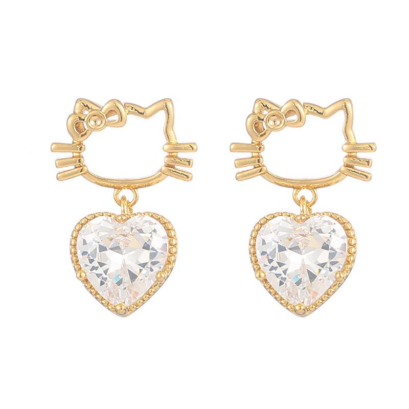 Sweet Kitten Heart Earrings: Cute Cartoon Cat with Gold-Plated Copper & Zircon Dangling Hearts