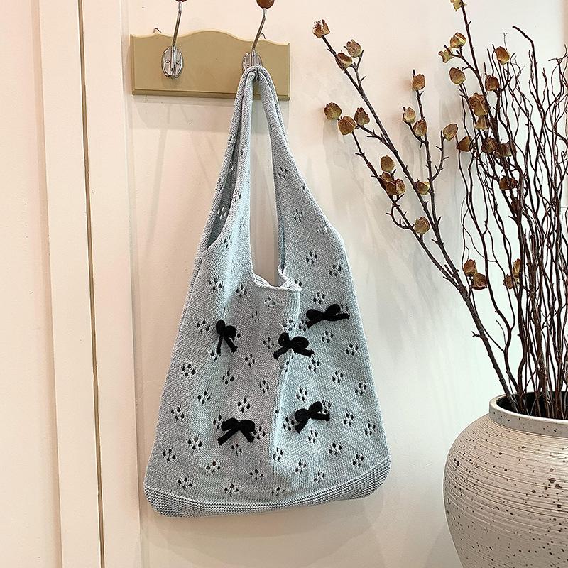 Aesthetic Knitted Bag Women Hollow Out Crochet Bow Handbag Large Capacity Handmade Tote Bag Summer Beach Woven Shoulder Bag