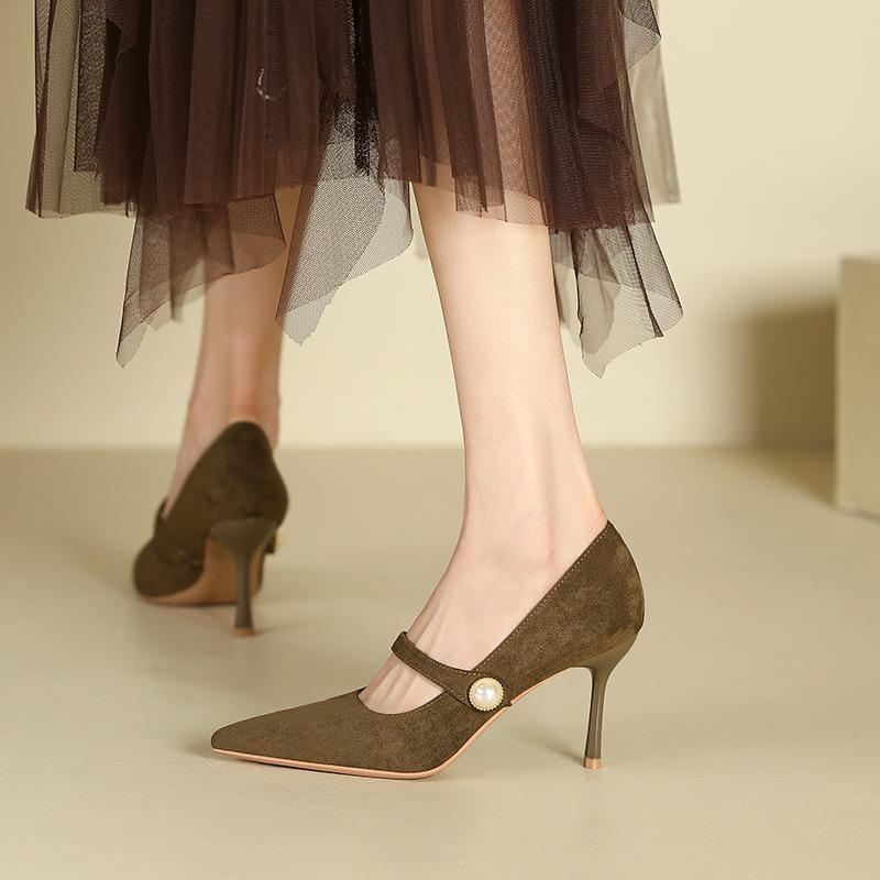 1-1 Sexy Pointed Toe Stiletto Heels for Women's Winter New Straight Suede Pearl Heeled Single Shoes for Women