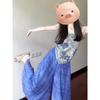 Super Beautiful Holiday Style Set Women Summer Blue Print Backless Sling Top Casual Wide-Leg Pants Two-piece Set