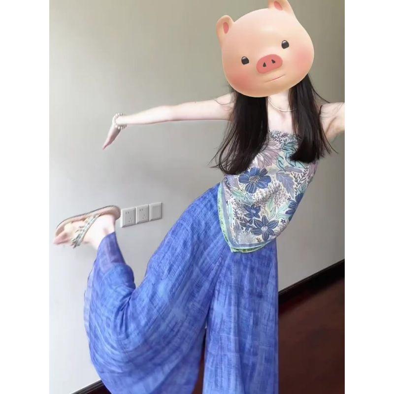 Super Beautiful Holiday Style Set Women Summer Blue Print Backless Sling Top Casual Wide-Leg Pants Two-piece Set