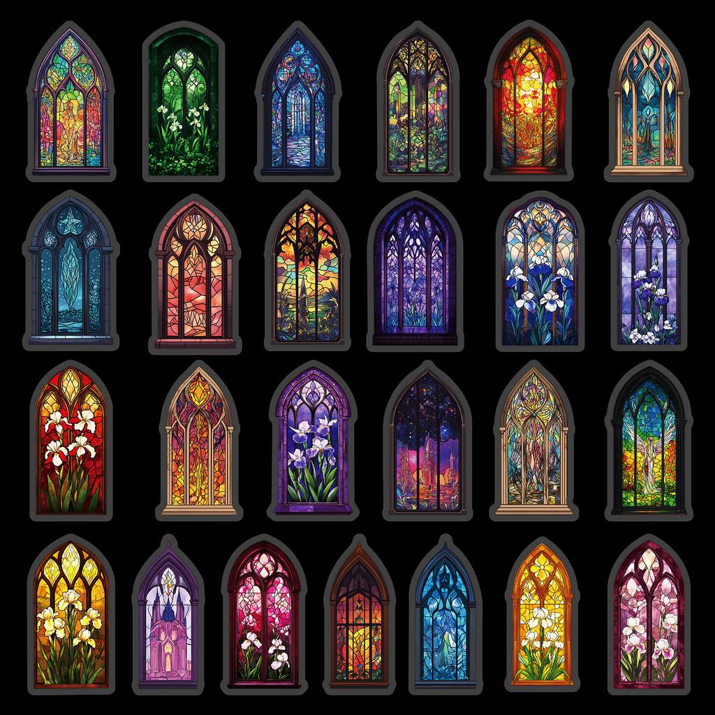 50 Colored Windows And Colorful Church Pet Account Material Collage Retro European Building Decals Do-It-Yourself Suitcase