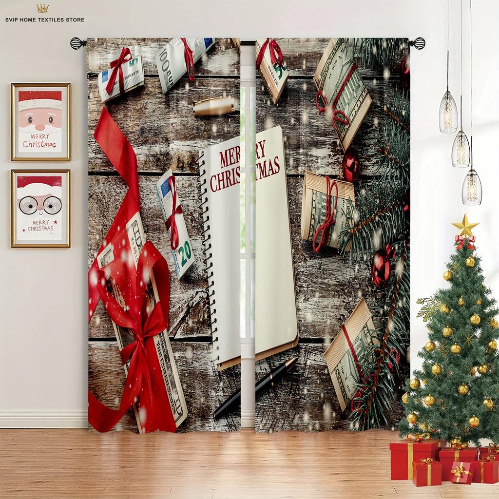 2pcs Cartoon Santa Claus Merry Christmas Printed Curtains Kids Gift Bedroom Restaurant Holiday Party Decorative Curtains