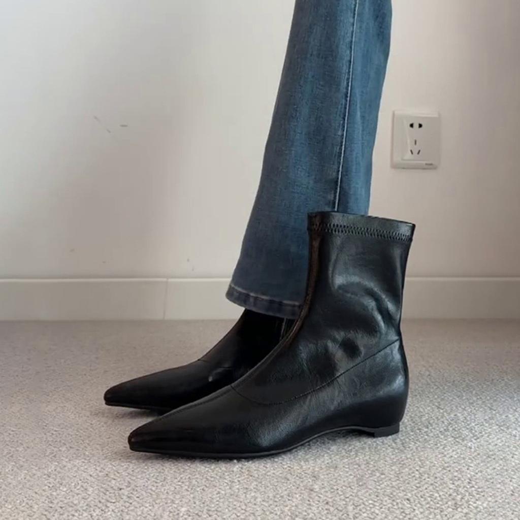 Sheepskin Version~ Pointed Simple Inner Height Increase Short Boots Retro Thin Boots Femininity Side Zipper Thin Elastic Boots