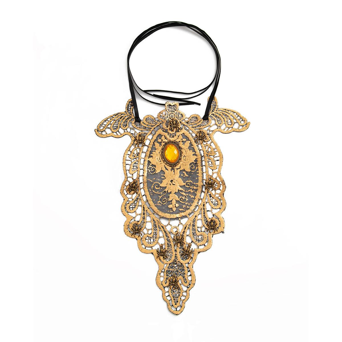 Exaggerated Fabric Art Ethnic Style Lace Collar Choker Retro Flower Spider Gem Necklace Female