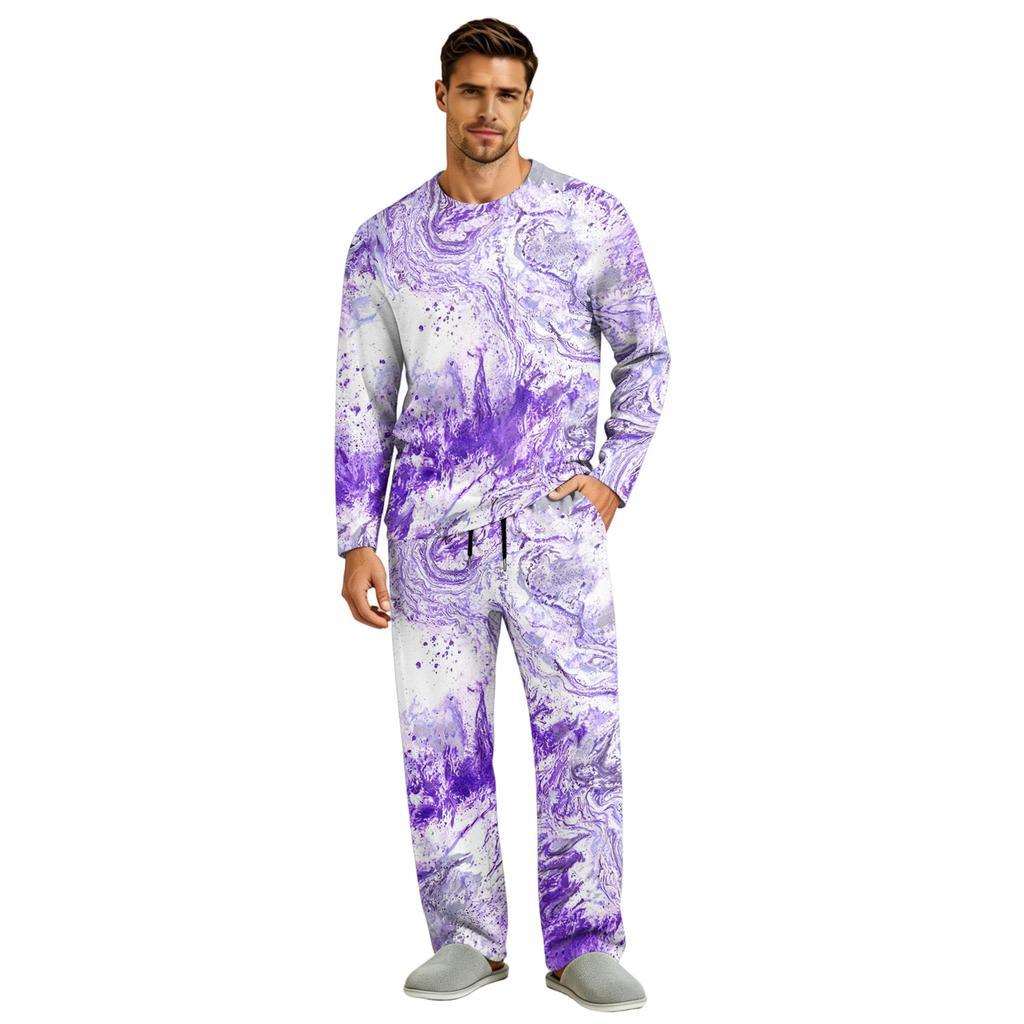 Men's Pajama Set Long Sleeve Top and Long Pants with Button Crotch and Elastic Drawstring Waist for Home Loungewear